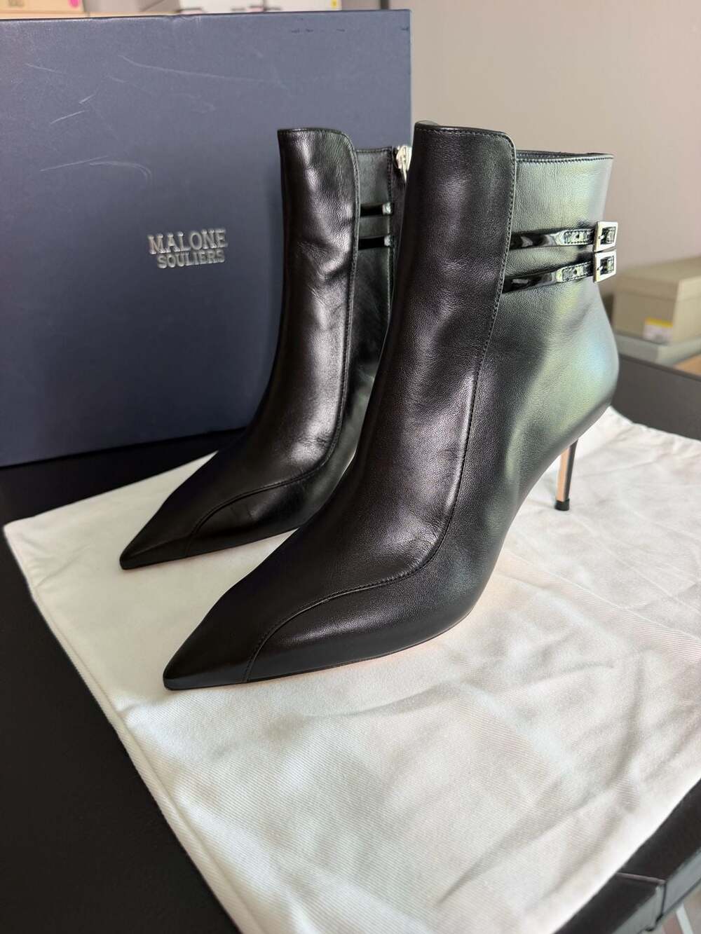Malone Souliers Giordana 70 Black Leather Double Buckle Ankle Boots MSRP $1,075